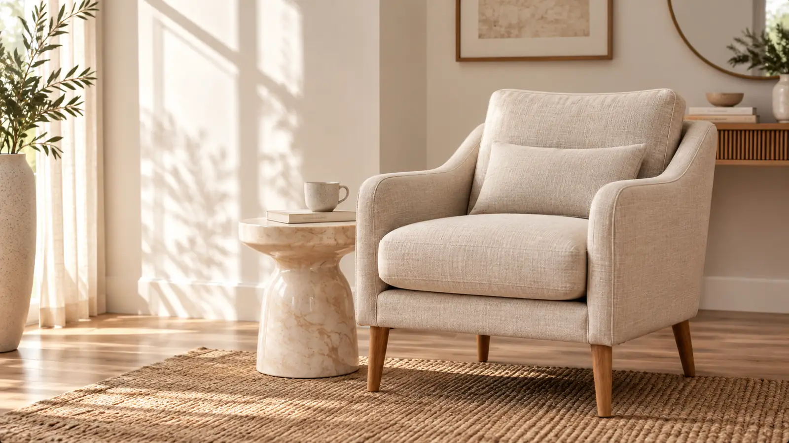 Linen accent armchair in a warm modern living space