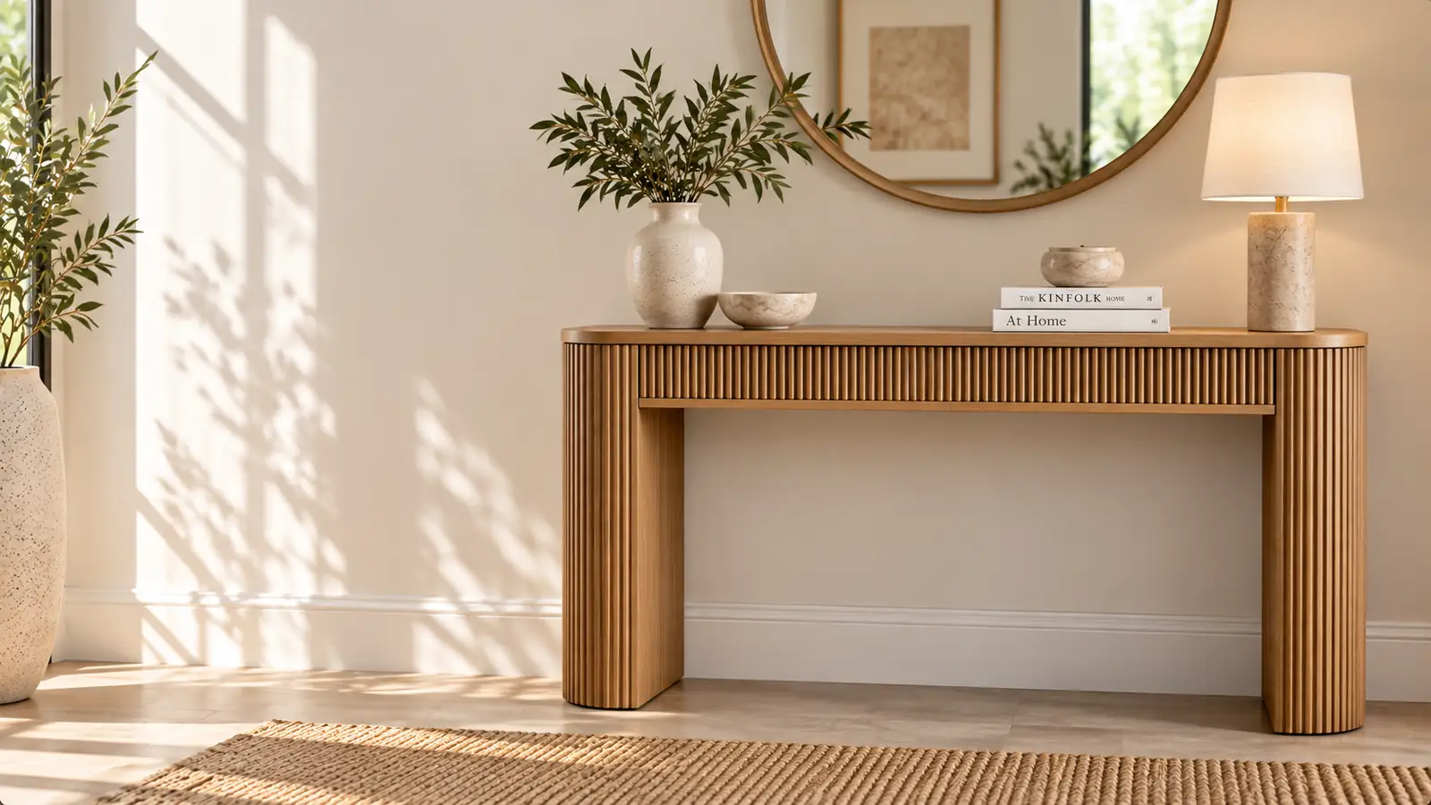 Reeded wooden console table in a warm modern entryway